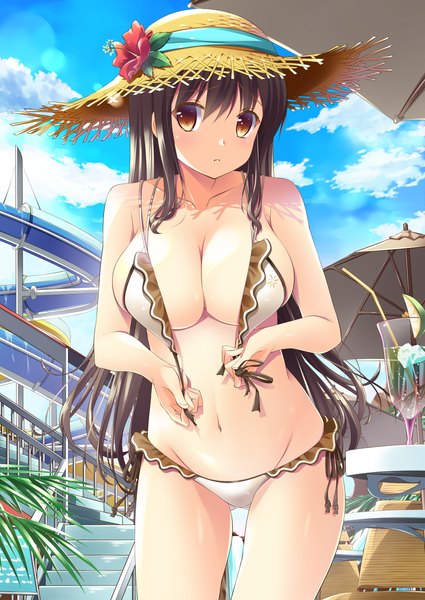 Anime picture 1000x1413 with original onaka sukisuki single long hair tall image looking at viewer breasts light erotic black hair large breasts standing brown eyes sky cloud (clouds) outdoors groin ass visible through thighs girl navel flower (flowers)