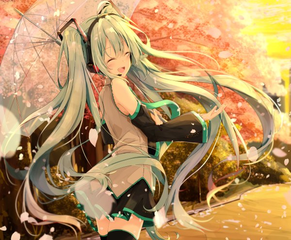 Anime picture 1230x1016 with vocaloid sakura no ame (vocaloid) hatsune miku kurottari single long hair blush fringe open mouth smile twintails payot looking away ahoge outdoors eyes closed long sleeves head tilt pleated skirt looking back