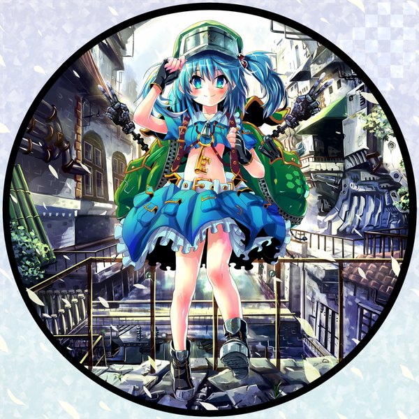 Anime picture 1200x1200 with touhou kawashiro nitori kabutoyama single looking at viewer blush short hair smile blue hair full body aqua eyes bare legs midriff loli two side up city victory adjusting hat adapted costume detailed
