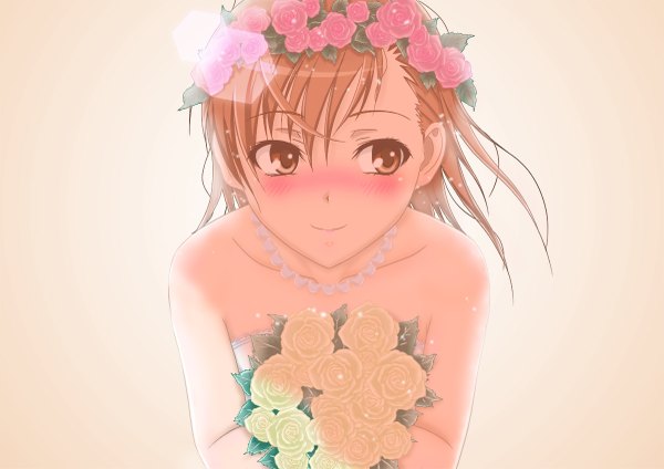 Anime picture 1200x849 with to aru kagaku no railgun to aru majutsu no index j.c. staff misaka mikoto single long hair blush highres smile brown hair bare shoulders brown eyes looking away girl flower (flowers) rose (roses) bouquet