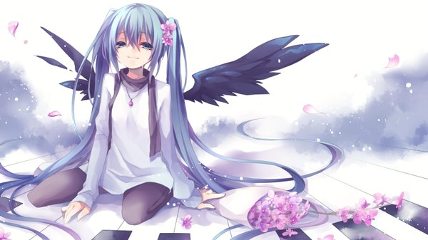 Anime picture 1600x900 with vocaloid hatsune miku kuroi (liar-player) single looking at viewer fringe smile wide image sitting twintails bent knee (knees) multicolored hair hair flower aqua eyes aqua hair tears wariza gradient hair black wings girl
