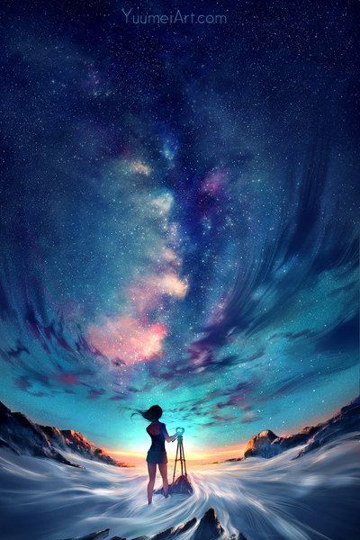 Anime picture 1000x1500 with original yuumei single long hair tall image black hair standing bare shoulders cloud (clouds) wind from behind sunlight night bare legs night sky sleeveless thighs watermark mountain bare back