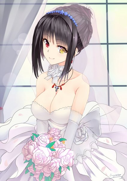 Anime picture 763x1080 with date a live tokisaki kurumi toyozero single long hair tall image looking at viewer breasts light erotic black hair smile red eyes large breasts bare shoulders holding signed yellow eyes payot cleavage upper body