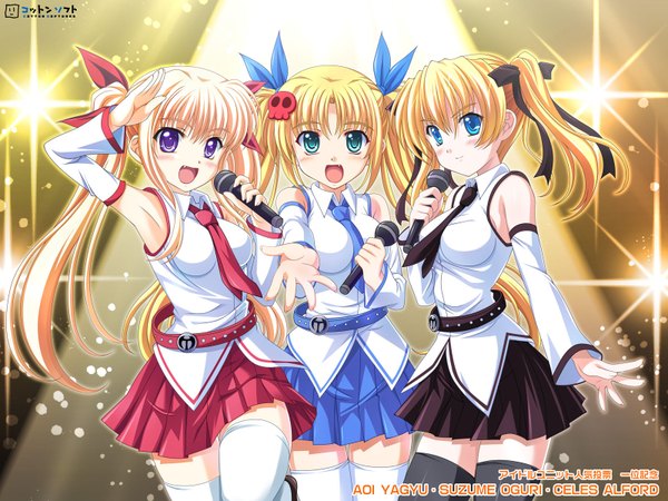 Anime picture 1600x1200 with chokotto fandisc 2 blue eyes blonde hair purple eyes twintails multiple girls green eyes game cg singing girl thighhighs ribbon (ribbons) 3 girls microphone