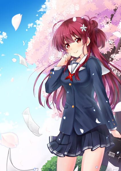 Anime picture 1240x1754 with saenai heroine no sodatekata a-1 pictures hashima izumi nachiku single long hair tall image looking at viewer blush fringe smile hair between eyes red eyes standing holding sky ahoge red hair wind cherry blossoms