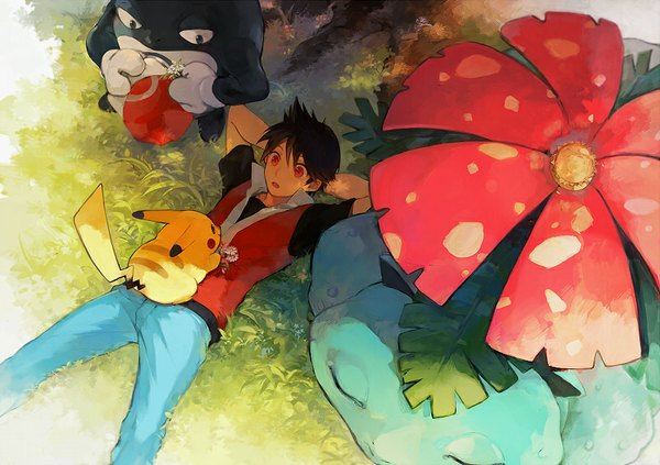 Anime picture 800x564 with pokemon nintendo pikachu red (pokemon) venusaur poliwrath lupicam short hair open mouth black hair red eyes lying from above arms behind head gen 1 pokemon boy flower (flowers) plant (plants) animal grass