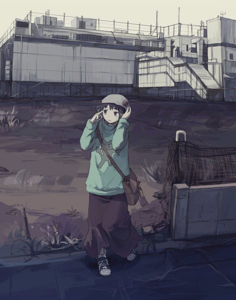 Anime picture 1088x1382 with original hanno single tall image short hair looking away grey hair grey eyes hand on head girl skirt shoes building (buildings) sweater bag cap sneakers fence