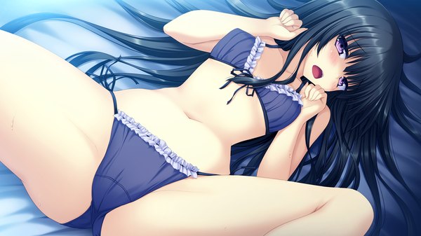 Anime picture 1280x720 with koiken otome minato shiho single long hair blush open mouth light erotic black hair wide image purple eyes game cg lying underwear only girl navel underwear panties lingerie bra