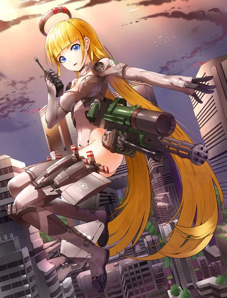 Anime picture 935x1231 with original kfr tall image looking at viewer fringe light erotic blonde hair sky cloud (clouds) bent knee (knees) very long hair flying mechanical girl gloves weapon plant (plants) tree (trees) gun building (buildings)