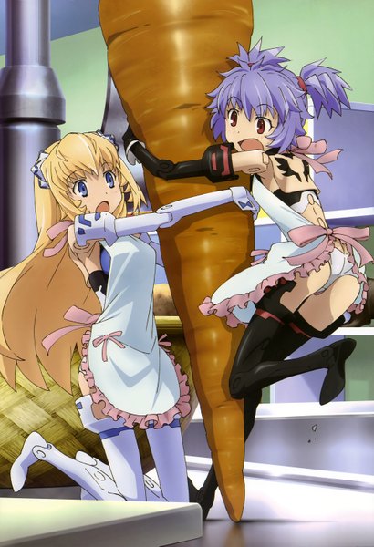 Anime picture 4080x5972 with busou shinki nyantype altrene altines yoshie hiroshi long hair tall image blush highres short hair open mouth blue eyes light erotic blonde hair red eyes multiple girls absurdres purple hair official art nearly naked apron
