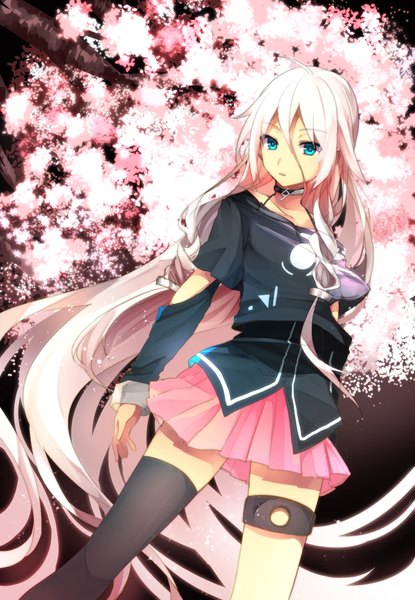 Anime picture 864x1248 with vocaloid ia (vocaloid) nanase09rr single tall image looking at viewer fringe blue eyes standing pink hair braid (braids) very long hair pleated skirt from below zettai ryouiki twin braids cherry blossoms girl thighhighs skirt