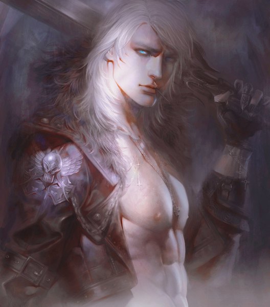 Anime picture 1000x1136 with original zeilyan single long hair tall image looking at viewer holding nipples white hair aqua eyes grey hair realistic open clothes open jacket mouth hold muscle smoking boy gloves weapon