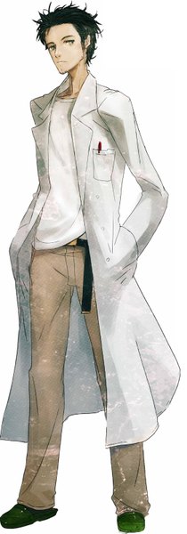 Anime picture 1119x3197 with steins;gate white fox okabe rintarou single tall image looking at viewer short hair black hair simple background white background black eyes hands in pockets boy labcoat
