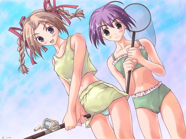 Anime picture 1024x768 with blue eyes brown hair purple hair braid (braids) twin braids fishing swimsuit bikini tankini