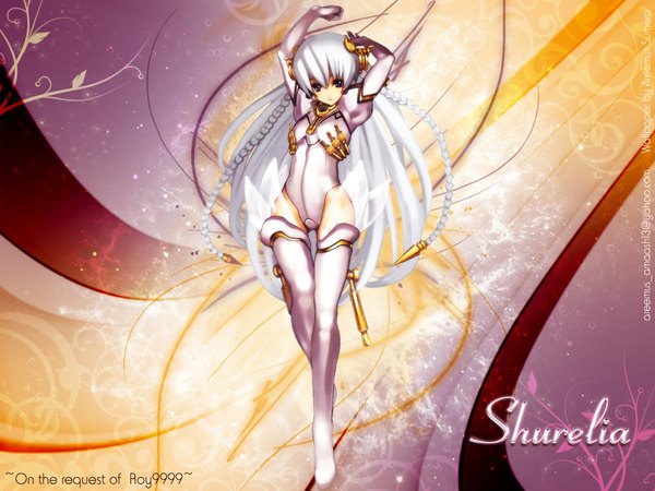 Anime picture 1024x768 with ar tonelico ar tonelico ii gust (company) shurelia (ar tonelico) nagi ryou areemus single long hair looking at viewer fringe blue eyes light erotic simple background standing silver hair full body white hair braid (braids) parted lips arms up