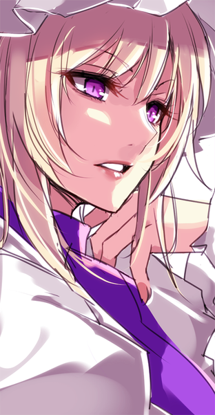 Anime picture 416x800 with touhou yakumo yukari aosaki yukina single long hair tall image fringe blonde hair purple eyes looking away parted lips portrait girl shirt necktie white shirt bonnet