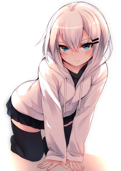 Anime picture 1000x1412 with original ringo-chan (otokuyou) otokuyou single tall image looking at viewer blush fringe short hair blue eyes simple background hair between eyes white background payot white hair long sleeves head tilt pleated skirt shadow embarrassed