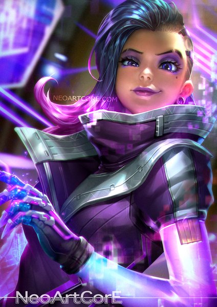 Anime picture 700x990 with overwatch blizzard entertainment sombra (overwatch) nudtawut thongmai single long hair tall image looking at viewer blue eyes black hair smile signed purple hair upper body multicolored hair realistic mole two-tone hair mole under eye lipstick