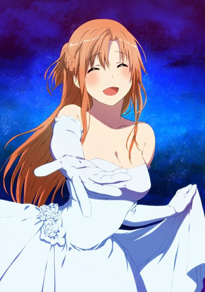 Anime picture 704x1000 with sword art online a-1 pictures yuuki asuna inuzuka bouru single long hair tall image blush open mouth brown hair bare shoulders eyes closed girl dress gloves elbow gloves wedding dress