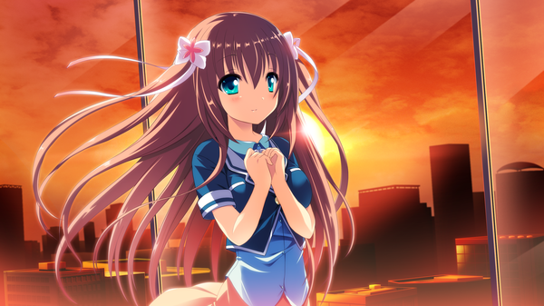 Anime picture 2560x1440 with cocoro@function! hasugase mina long hair blush highres blue eyes brown hair wide image game cg evening sunset girl dress bow hair bow