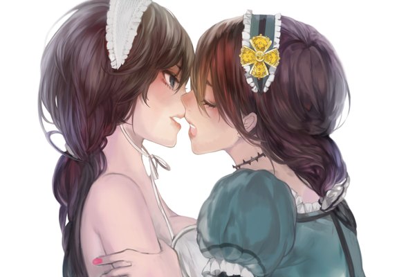 Anime picture 1500x1000 with vocaloid tcb (pixiv) long hair fringe breasts open mouth blue eyes light erotic simple background brown hair white background bare shoulders multiple girls eyes closed nail polish shoujo ai face to face almost kiss girl 2 girls