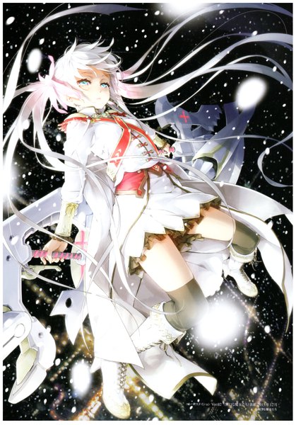 Anime picture 4907x7031 with kotohanosuteishon happoubi jin single tall image highres blue eyes twintails looking away absurdres full body white hair very long hair wind scan border snowing lacing midair cover cover page