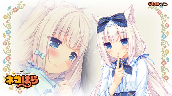 Anime picture 1920x1080 with neko paradise neko works (studio) vanilla (nekopara) sayori long hair looking at viewer blush highres open mouth blue eyes simple background smile wide image white background twintails animal ears looking away white hair blunt bangs cat ears