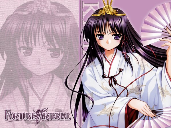 Anime picture 1600x1200 with fortune arterial august soft kuze kiriha bekkankou single long hair black hair purple eyes traditional clothes japanese clothes wallpaper copyright name miko expressionless zoom layer girl fan chihaya (clothing)