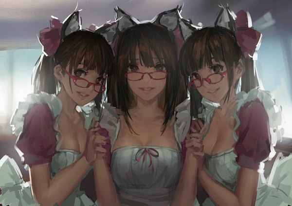 Anime picture 842x595 with original hjl long hair looking at viewer fringe breasts smile brown hair large breasts standing twintails multiple girls brown eyes animal ears cleavage parted lips cat ears short sleeves maid hug