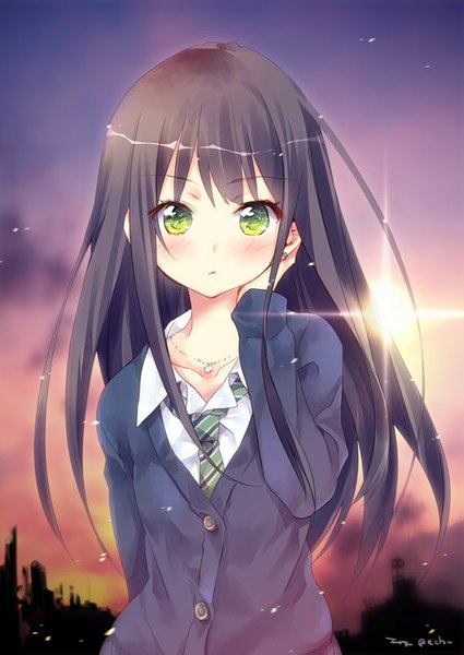 Anime picture 602x850 with idolmaster idolmaster cinderella girls shibuya rin ech single long hair tall image looking at viewer blush fringe brown hair green eyes signed sunlight night night sky adjusting hair evening sunset open collar