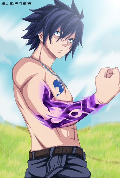 Anime picture 882x1300 with fairy tail gray fullbuster sleipneir single tall image short hair blue eyes black hair sky cloud (clouds) sunlight tattoo coloring muscle boy plant (plants) grass cross fist jeans