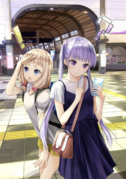 Anime picture 1253x1770 with new game! doga kobo suzukaze aoba sakura nene mikipuruun no naegi long hair tall image short hair blue eyes blonde hair purple eyes twintails multiple girls blue hair looking away ? girl dress 2 girls bag