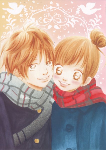 Anime picture 2509x3546 with bokura ga ita motoharu yano nanami takahashi yuuki obata tall image blush fringe highres short hair smile brown hair brown eyes couple alternate hairstyle hair up girl boy scarf coat