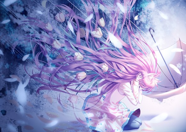 Anime picture 1000x707 with original haneru single open mouth sitting animal ears pink hair purple hair tail long sleeves very long hair animal tail profile multicolored hair hair flower wind cat ears cat girl cat tail leaning