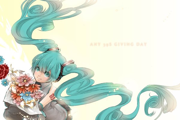 Anime picture 1800x1200 with vocaloid hatsune miku saihate (d3) single long hair fringe highres simple background smile white background twintails aqua eyes aqua hair tattoo 39 girl uniform flower (flowers) school uniform detached sleeves