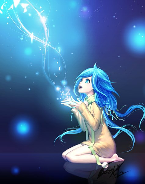 Anime picture 792x1000 with original luen kulo single long hair tall image open mouth blue eyes sitting twintails signed blue hair looking away barefoot bare legs no shoes kneeling magic looking up blue background girl