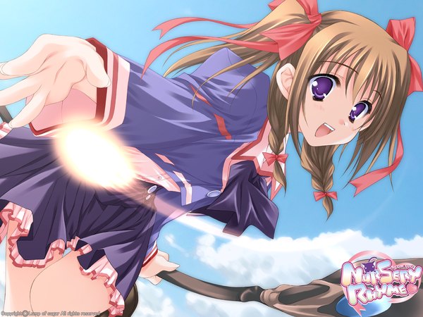 Anime picture 1600x1200 with nursery rhyme makina tomoe moekibara fumitake single long hair looking at viewer open mouth brown hair purple eyes twintails sky cloud (clouds) braid (braids) looking back wallpaper copyright name twin braids outstretched arm girl uniform