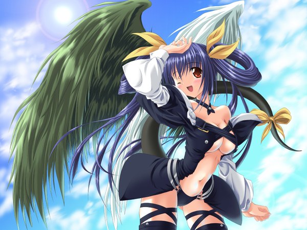 Anime picture 1600x1200 with guilty gear dizzy (guilty gear) noritama (gozen) long hair blush breasts open mouth light erotic red eyes blue hair sky cloud (clouds) tail one eye closed wink happy center opening asymmetrical wings different wings girl