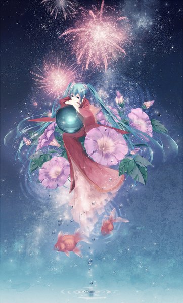 Anime picture 1208x2000 with vocaloid hatsune miku mirusa single long hair tall image smile sitting twintails very long hair japanese clothes aqua eyes aqua hair hug fireworks girl flower (flowers) kimono fish (fishes) morning glory