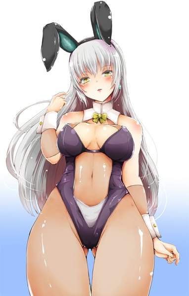 Anime picture 700x1100 with idolmaster idolmaster cinderella girls takamine noa haruyuki single long hair tall image looking at viewer blush breasts light erotic large breasts bare shoulders animal ears yellow eyes cleavage silver hair from below bunny ears gradient background