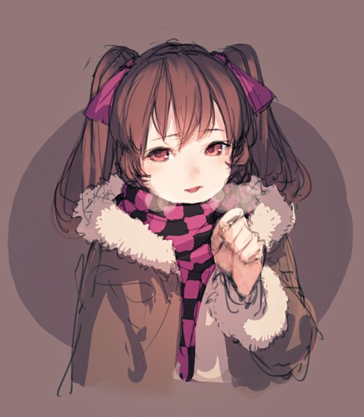 Anime picture 700x800 with touhou himekaidou hatate junwool single long hair tall image looking at viewer simple background red eyes brown hair twintails parted lips alternate costume exhalation purple background sketch checkered scarf girl ribbon (ribbons) hair ribbon