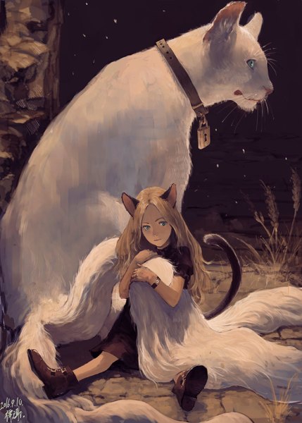 Anime picture 2500x3500 with original zennosuke single long hair tall image highres blue eyes blonde hair sitting signed animal ears tail animal tail cat ears short sleeves cat girl cat tail puffy sleeves dated multiple tails