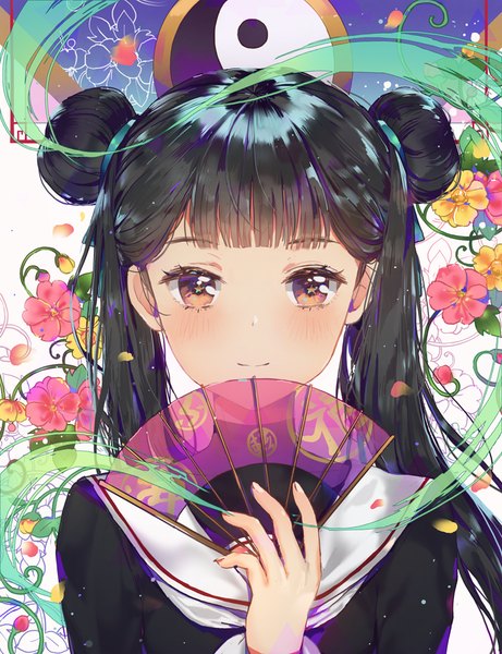 Anime picture 800x1040 with card captor sakura clamp li meiling dangmill single long hair tall image looking at viewer blush fringe black hair twintails brown eyes blunt bangs light smile hair bun (hair buns) symbol-shaped pupils portrait floral background yin yang