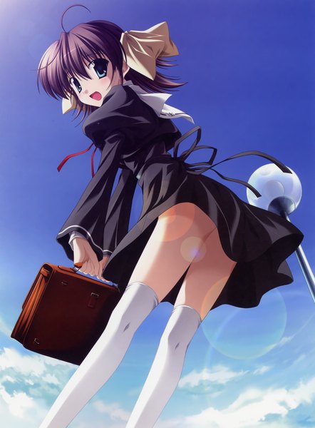 Anime picture 2137x2896 with ef a fairy tale of the two miyamura miyako nanao naru single tall image highres short hair open mouth blue eyes light erotic black hair simple background standing ahoge from below leaning leaning forward lens flare girl thighhighs