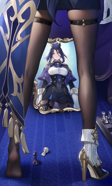 Anime picture 1873x3122 with genshin impact clorinde (genshin impact) le (huanglongen) single long hair tall image fringe highres breasts hair between eyes standing purple eyes purple hair from below high heels legs skindentation reflection underbust single shoe