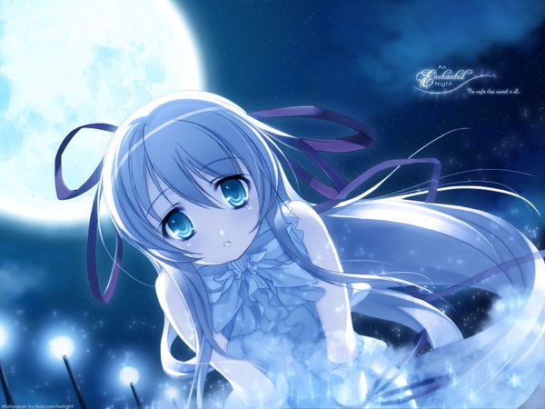 Anime picture 1600x1200 with demonbane al azif single looking at viewer fringe hair between eyes silver hair very long hair aqua eyes leaning wallpaper leaning forward sleeveless girl dress ribbon (ribbons) hair ribbon moon sundress full moon