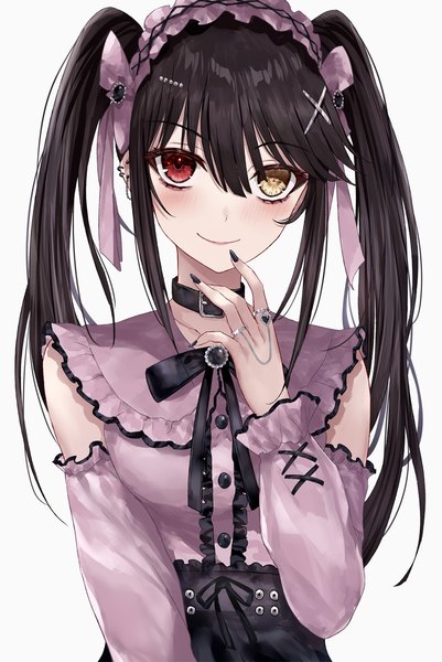 Anime picture 980x1467 with date a live tokisaki kurumi asle single long hair tall image looking at viewer fringe black hair simple background hair between eyes red eyes white background twintails yellow eyes upper body long sleeves nail polish arm up fingernails
