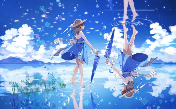 Anime picture 1350x838 with hishi long hair brown hair wide image bare shoulders multiple girls sky cloud (clouds) eyes closed barefoot from behind upside down closed umbrella girl dress bow ribbon (ribbons) 2 girls hat animal