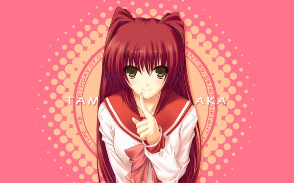 Anime picture 1280x800 with to heart 2 leaf (studio) kousaka tamaki hiten (hitenkei) single long hair looking at viewer fringe simple background smile hair between eyes wide image twintails brown eyes payot upper body red hair long sleeves character names pink background