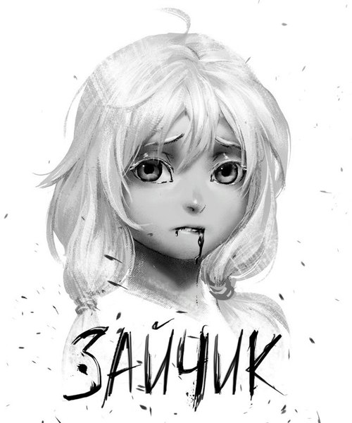 Anime picture 667x800 with tiny bunny olya (tiny bunny) saikono single long hair tall image looking at viewer fringe hair between eyes white background twintails ahoge copyright name low twintails monochrome portrait russian girl blood